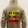 Back view of Wearees khaki cotton fleece hoodie with motivational slogan in bold colors.