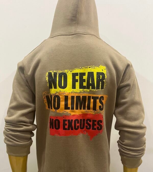 Back view of Wearees khaki cotton fleece hoodie with motivational slogan in bold colors.