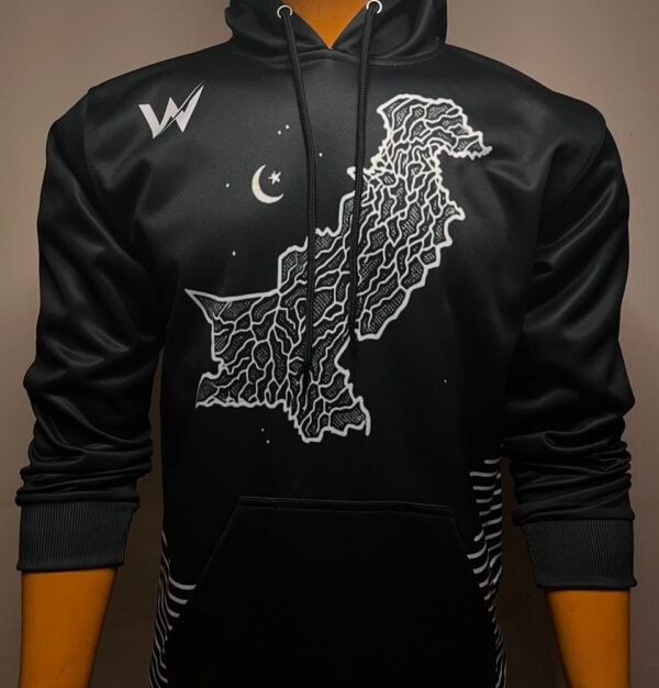 Wearees black polyester fleece hoodie featuring a detailed Pakistan map design - sleek and iconic style