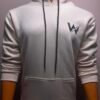 Front view of Wearees white cotton fleece hoodie with minimalist logo.