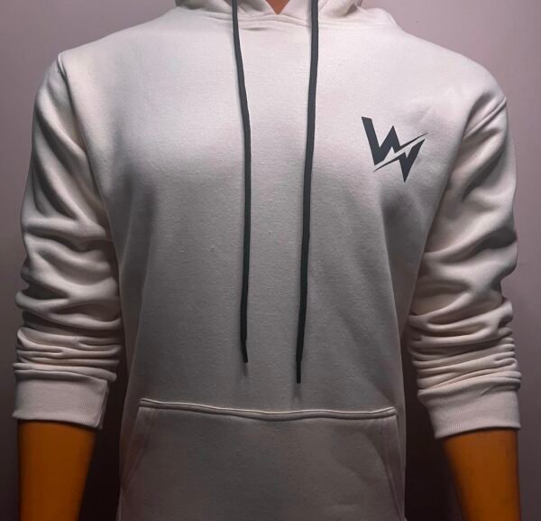 Front view of Wearees white cotton fleece hoodie with minimalist logo.