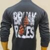 Back view of Wearees gray sweatshirt with graphic in bright lighting.