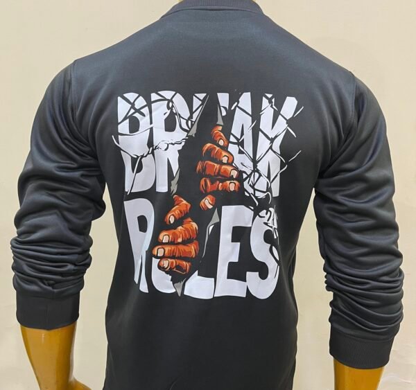 Back view of Wearees gray sweatshirt with graphic in bright lighting.
