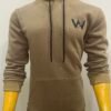 Front view of Wearees khaki cotton fleece hoodie with adjustable drawstrings and pocket.