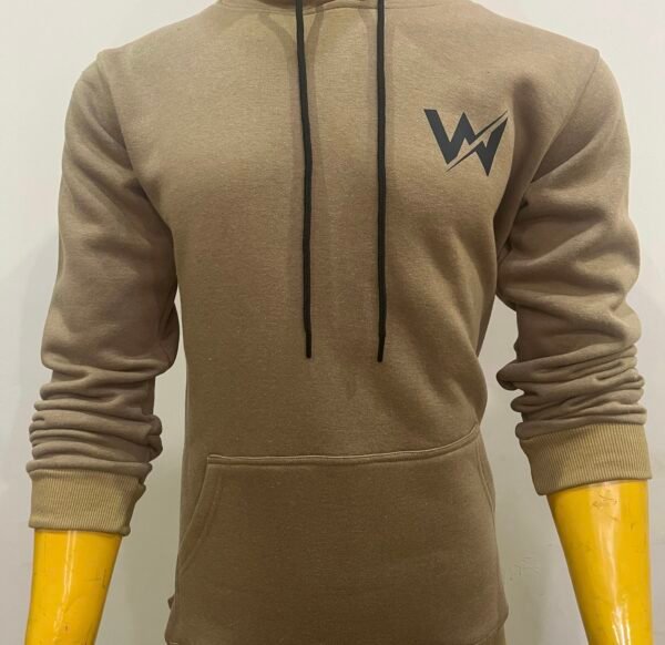 Front view of Wearees khaki cotton fleece hoodie with adjustable drawstrings and pocket.