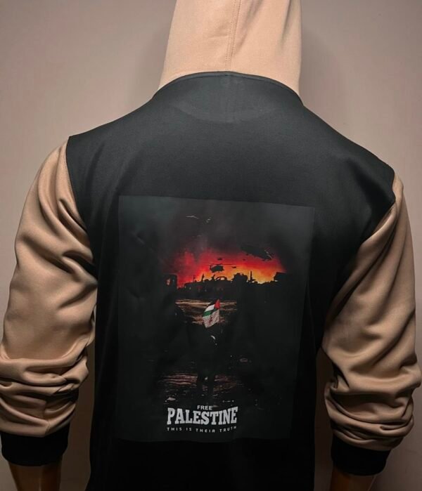 Wearees khaki and black fleece hoodie showcasing modern Palestinian design - versatile streetwear