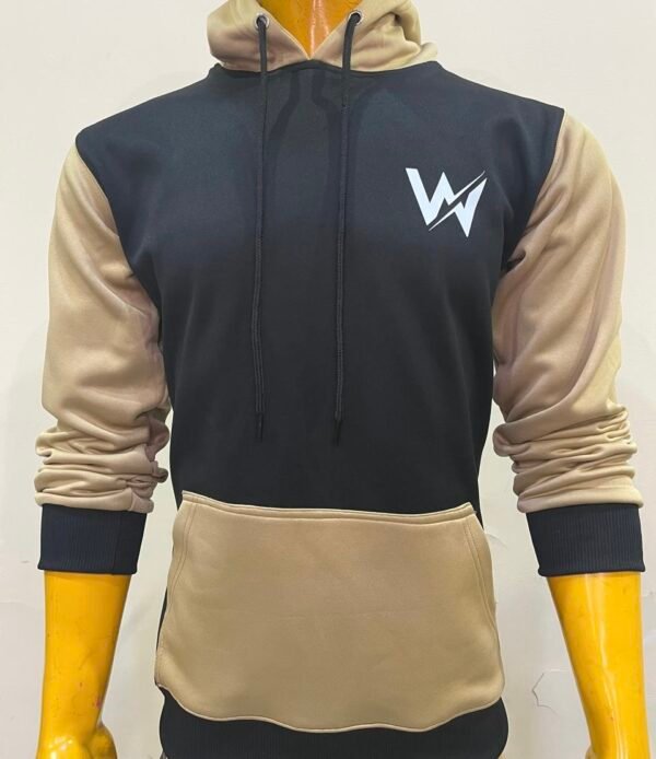 Wearees logo on khaki and black polyester fleece hoodie, featuring Palestine-inspired design