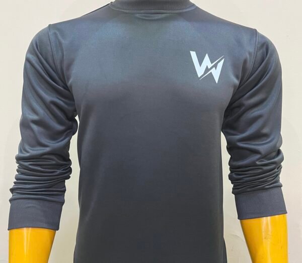 Front view of Wearees gray polyester fleece sweatshirt with logo.