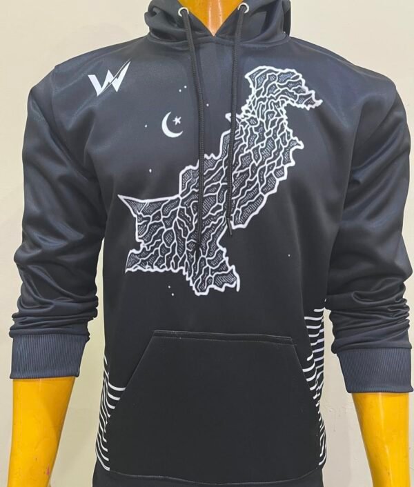 Wearees black polyester fleece hoodie featuring a detailed Pakistan map design - sleek and iconic style.