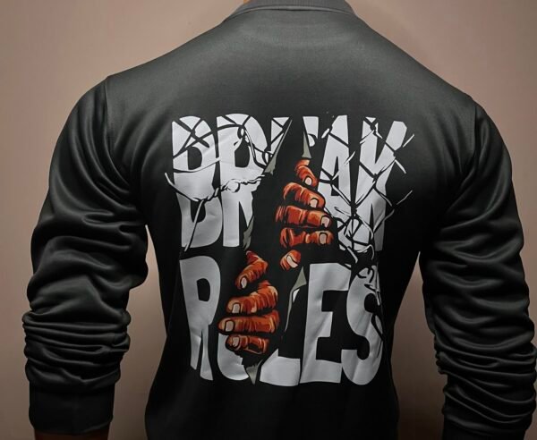 Back view of Wearees gray polyester fleece sweatshirt with 'Break Rules' graphic.