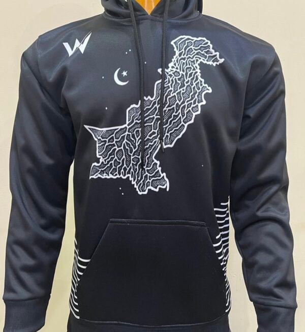Wearees black polyester hoodie with a prominent Pakistan map design - warmth and heritage in style.