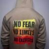 Back view of Wearees khaki cotton fleece hoodie with 'No Fear, No Limits, No Excuses' graphic