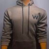 Front view of Wearees khaki cotton fleece hoodie with minimalist logo design
