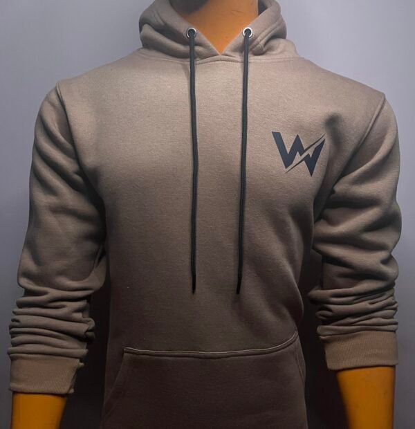 Front view of Wearees khaki cotton fleece hoodie with minimalist logo design