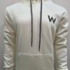 Full front view of Wearees white cotton fleece hoodie with drawstrings and front pocket.