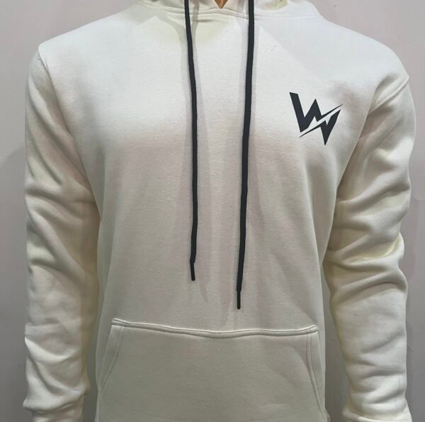Full front view of Wearees white cotton fleece hoodie with drawstrings and front pocket.